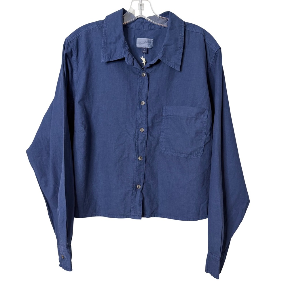 Universal Thread Button Down Shirt Women 1X Blue Cotton Linen Cropped Top